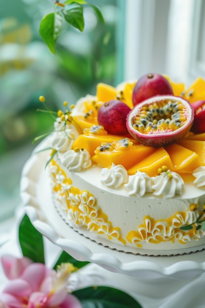 Photo a cake with a yellow frosting and a white base