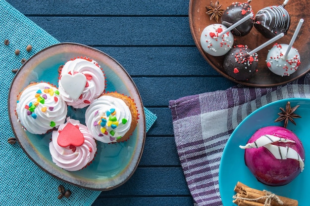 Cake on a wooden background Dessert for breakfast top view