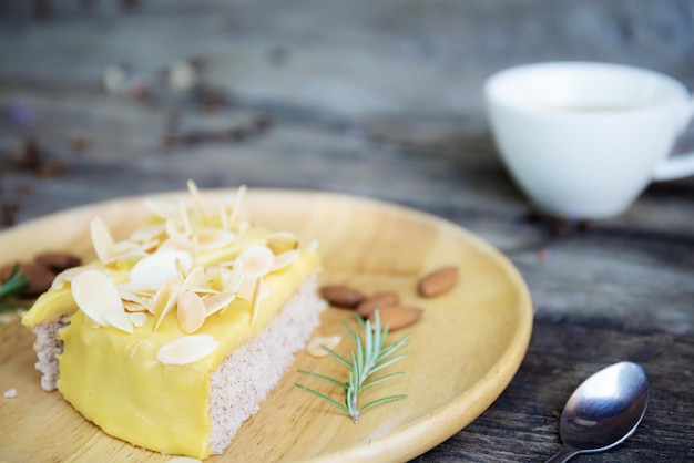 Cake on wooden tray