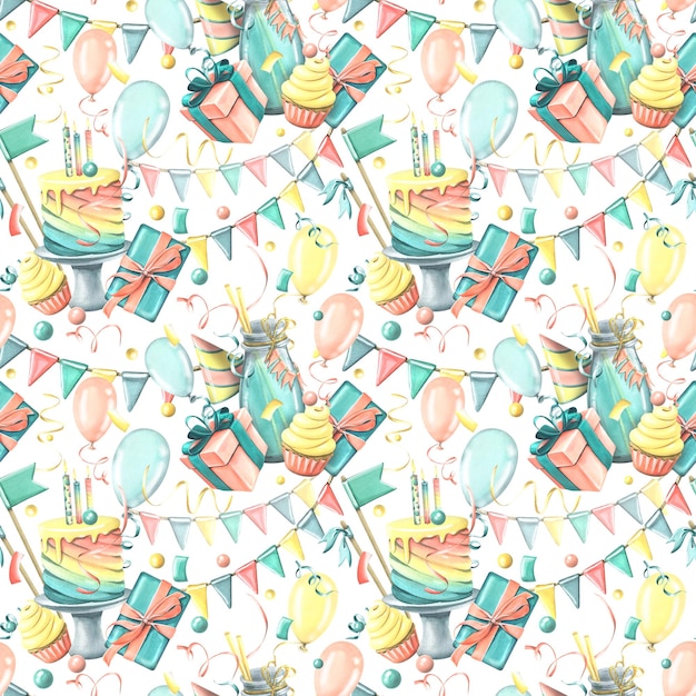 Cakes cocktails candles balloons festive garlands and confetti Watercolor illustration Seamless pattern from the HAPPY BIRTHDAY collection For decoration and design of greetings and holidays