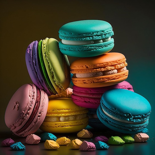 Cakes macaron or macaroon stack on dark background colorful vibrant almond cookies bright colors