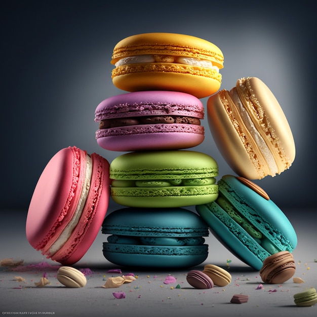 Cakes macaron or macaroon stack on turquoise background colorful vibrant almond cookies