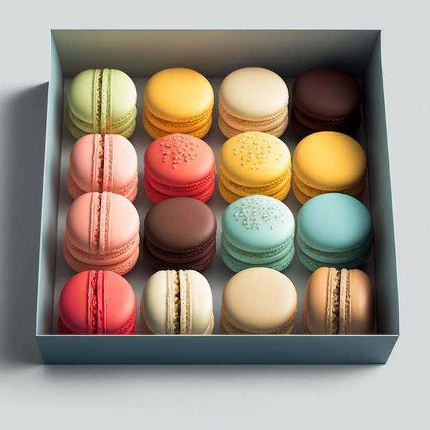 Cakes macaron or macaroon in white box colorful bright cookies