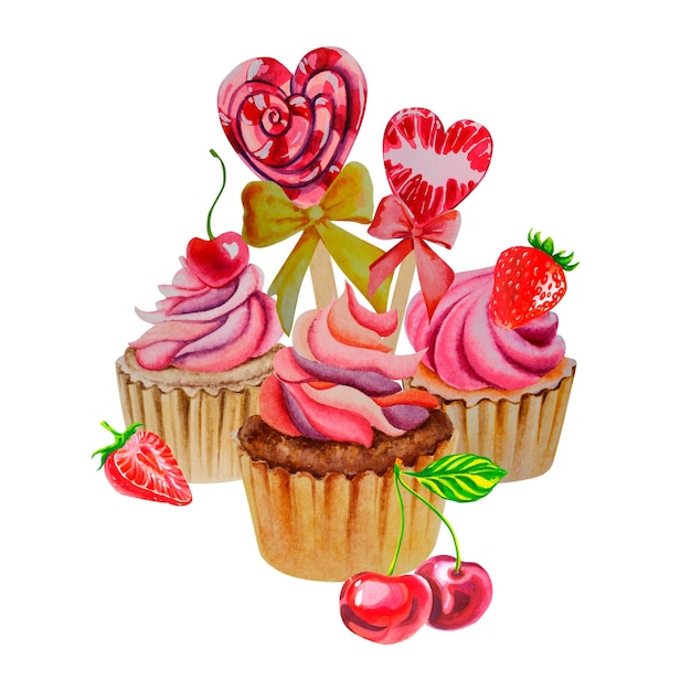 Cakes with cherries and strawberries Sweets Watercolor illustration Cupcakes with cherries and strawberries Food Snack Dessert