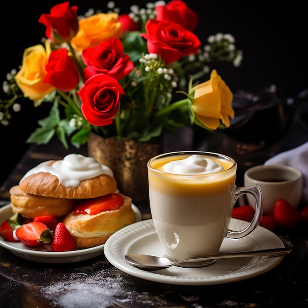 Cakes with coffee and strawberries flowers