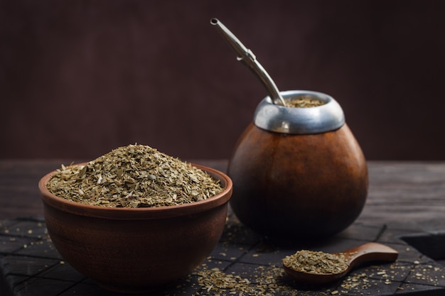 Calabas with bombilla and mate in a bowl