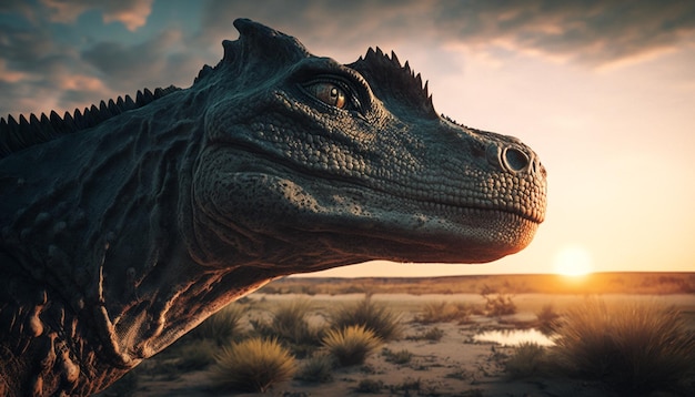 Calamosaurus face close up sunset with cinematic background