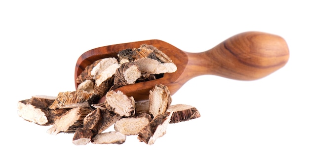 Calamus root in wooden spoon isolated on white background Sweet flag sway or muskrat root Dry root of Acorus calamus