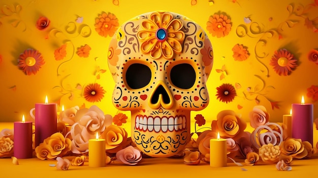 Calavera del Dia de los Muertos y velas sobre fondo amarillo decorado con flores