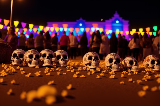 Calavera skulls at Dia de los Muertos festival Mexican sugar skulls as mascot for Day of the Dead