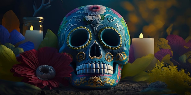 Calavera Sugar Skull in a traditional style for Dia de Los Muertos Day of the dead Flowers and skeleton AIGenerated