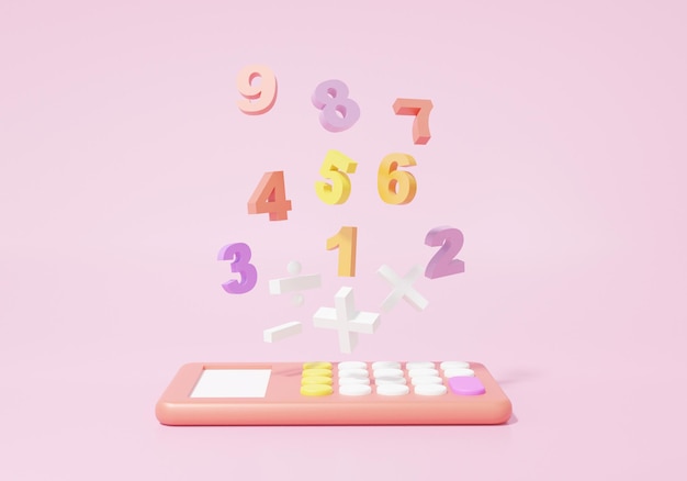 Calcucator and basic math operation symbols math, plus, minus, multiplication, number divide on pink background. Mathematic learning financial education concept. 3d rendering