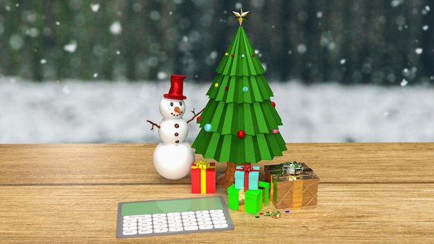 The calculator  and Christmas  tree on wood table for holiday  or business concept 3d rendering