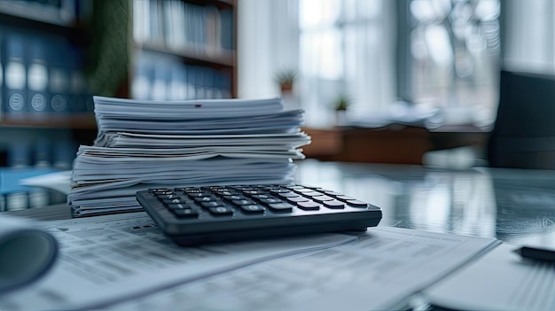 a calculator is on a desk with a stack of papers