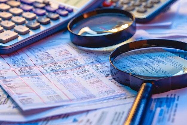 a calculator and a magnifying glass are on a table