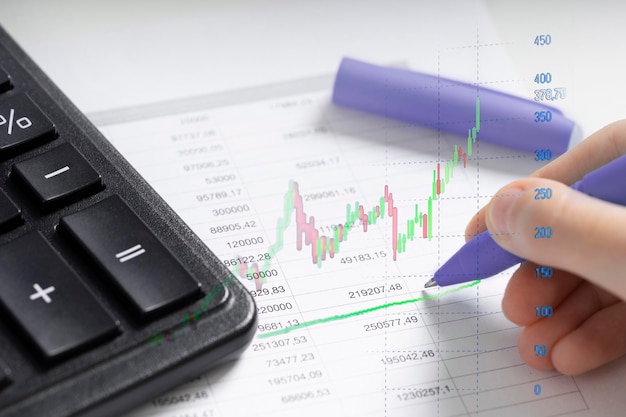 Calculator and pen on white paper with numbers. Business and finance accounting concept.