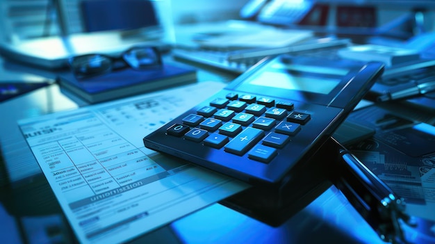 a calculator sits on a desk with a paper that says calculator