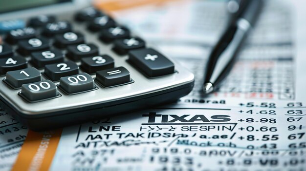 a calculator sits on top of a pile of papers