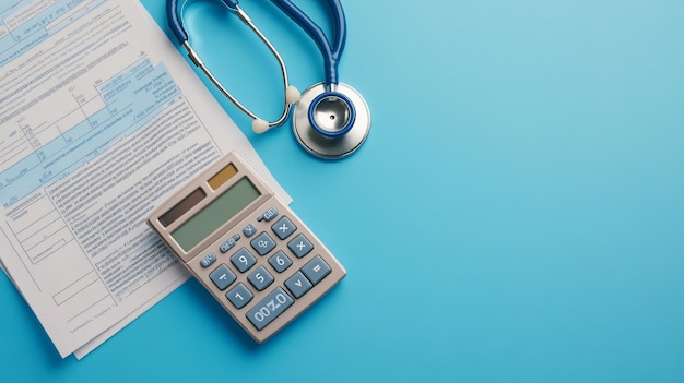 a calculator with a stethoscope next to it and a medical note on a blue table