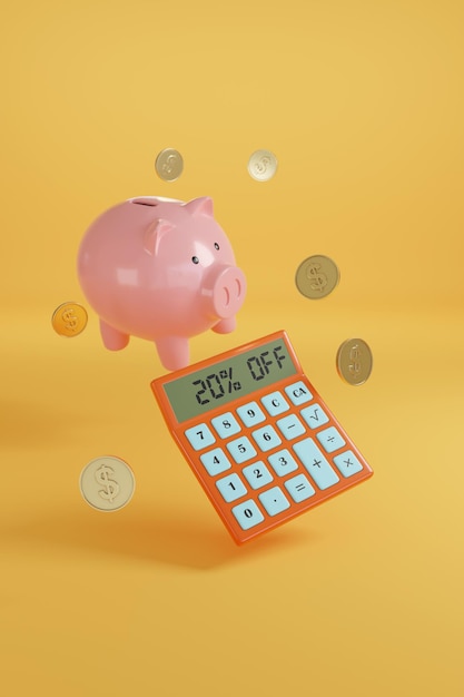 Calculator with the text 20 off on the screen next to a piggy bank and coins on a yellow background 3d illustration