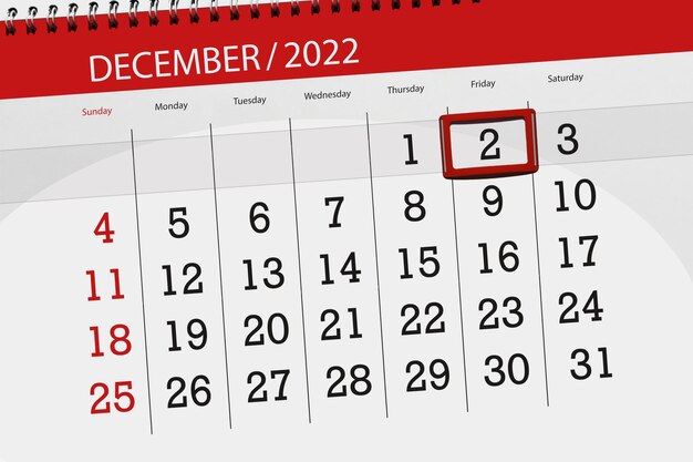 Calendar 2022 deadline day month page organizer date december friday number 2