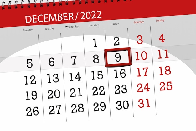 Calendar 2022 deadline day month page organizer date december friday number 9