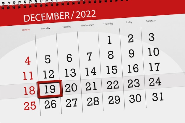 Calendar 2022 deadline day month page organizer date december monday number 19