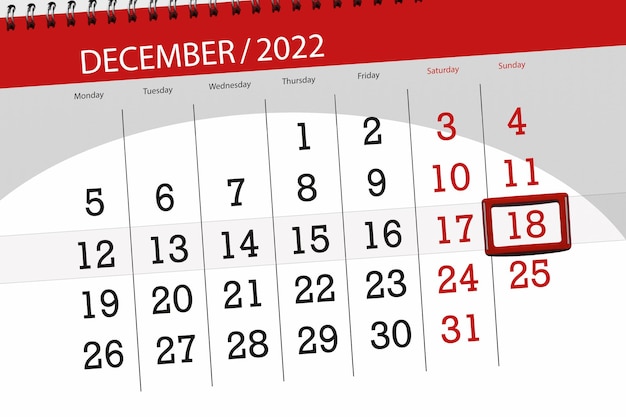 Calendar 2022 deadline day month page organizer date december sunday number 18