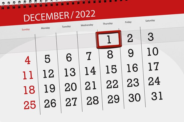 Calendar 2022 deadline day month page organizer date december thursday number 1