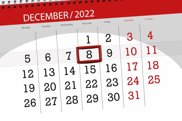 Calendar 2022 deadline day month page organizer date december thursday number 8