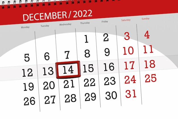 Calendar 2022 deadline day month page organizer date december wednesday number 14