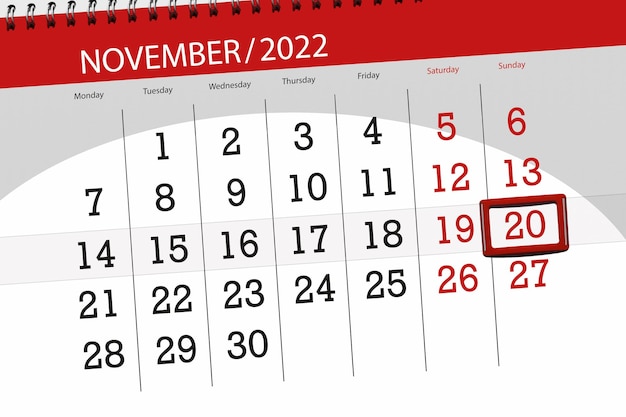 Calendar 2022 deadline day month page organizer date november sunday number 20