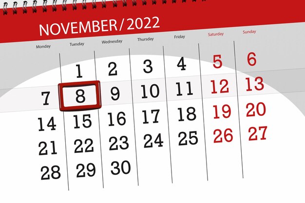 Calendar 2022 deadline day month page organizer date november tuesday number 8