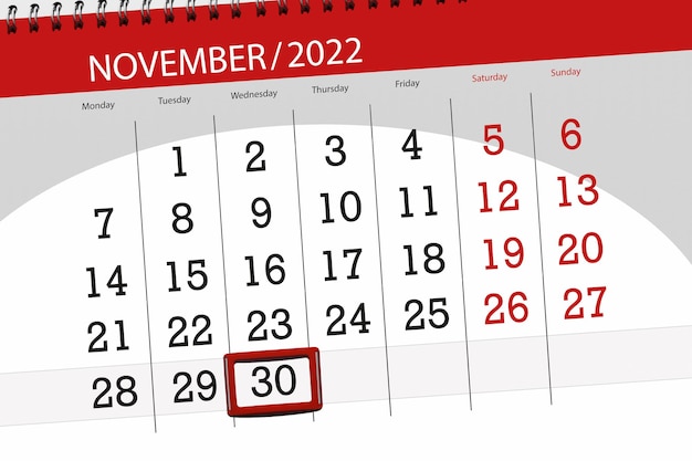 Calendar 2022 deadline day month page organizer date november wednesday number 30