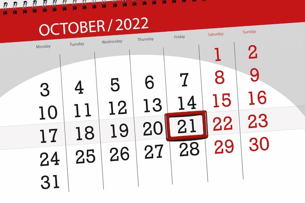 Calendar 2022 deadline day month page organizer date october friday number 21