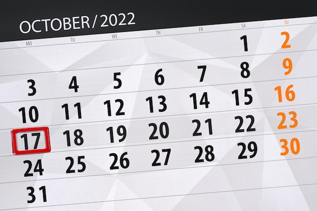 Calendar 2022 deadline day month page organizer date october monday number 17