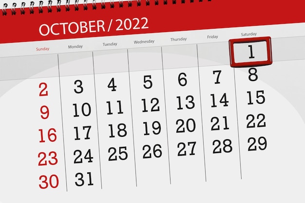 Calendar 2022 deadline day month page organizer date october saturday number 1