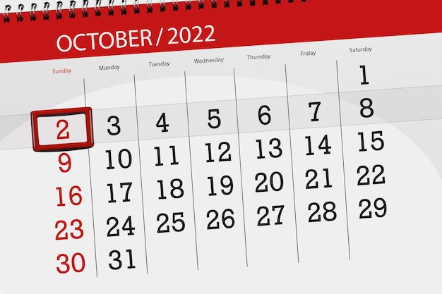 Calendar 2022 deadline day month page organizer date october sunday number 2