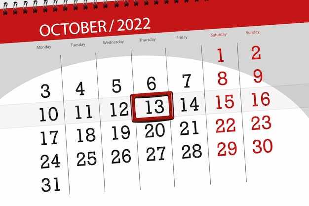 Calendar 2022 deadline day month page organizer date october thursday number 13