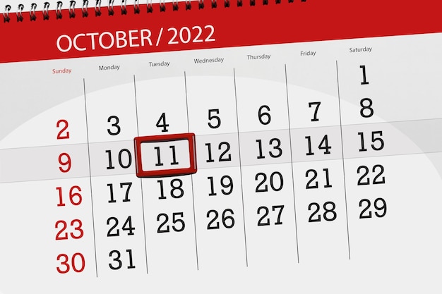 Calendar 2022 deadline day month page organizer date october tuesday number 11