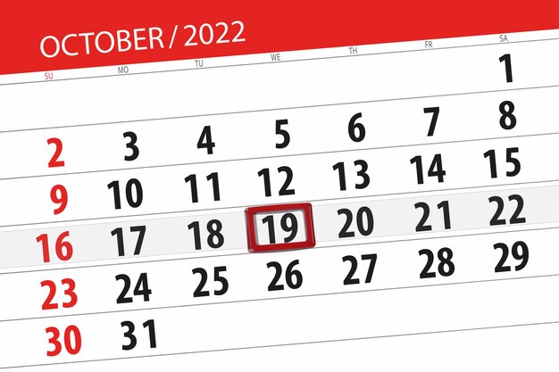 Calendar 2022 deadline day month page organizer date october wednesday number 19