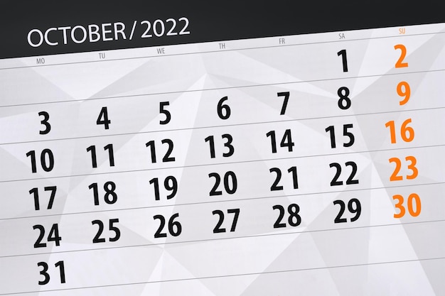 Calendar 2022 deadline day month page organizer date october