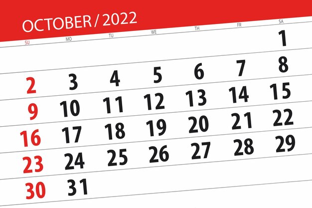 Calendar 2022 deadline day month page organizer date october