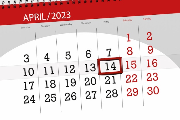 Calendar 2023 deadline day month page organizer date april friday number 14