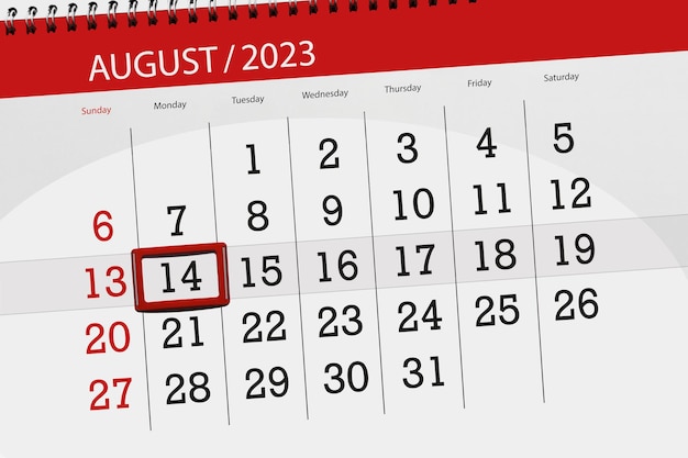 Calendar 2023 deadline day month page organizer date August monday number 14