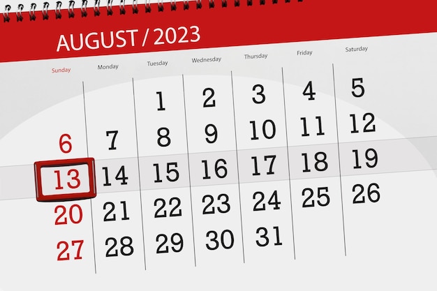 Calendar 2023 deadline day month page organizer date August sunday number 13