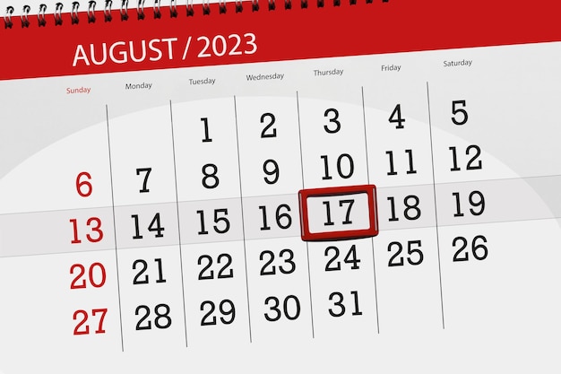 Calendar 2023 deadline day month page organizer date August thursday number 17