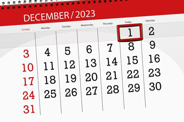 Calendar 2023 deadline day month page organizer date December friday number 1