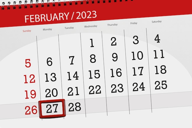 Calendar 2023 deadline day month page organizer date february monday number 27