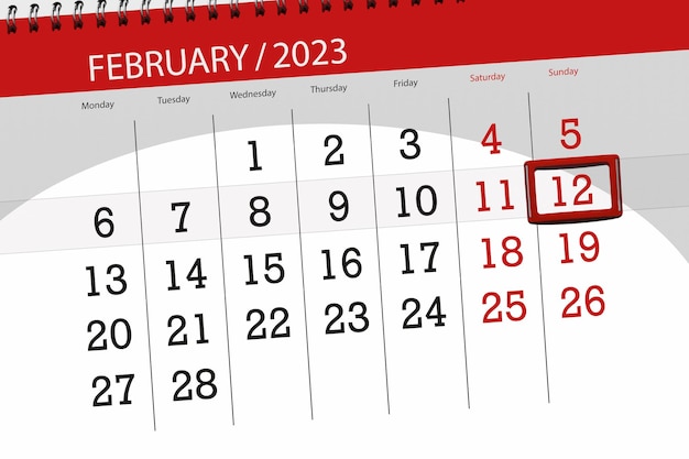 Calendar 2023 deadline day month page organizer date february sunday number 12